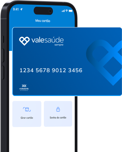 Celular mostrando o cartão virtual da Vale Saúde no aplicativo