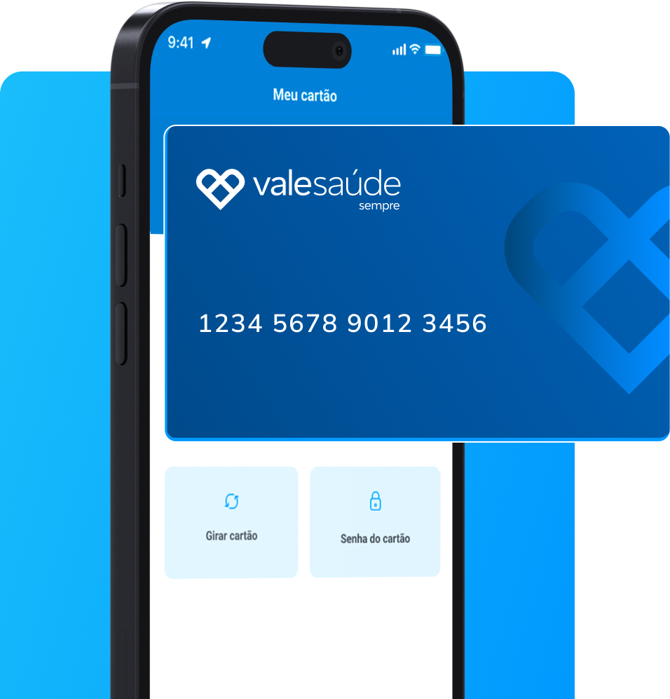 Celular mostrando o cartão virtual da Vale Saúde no aplicativo